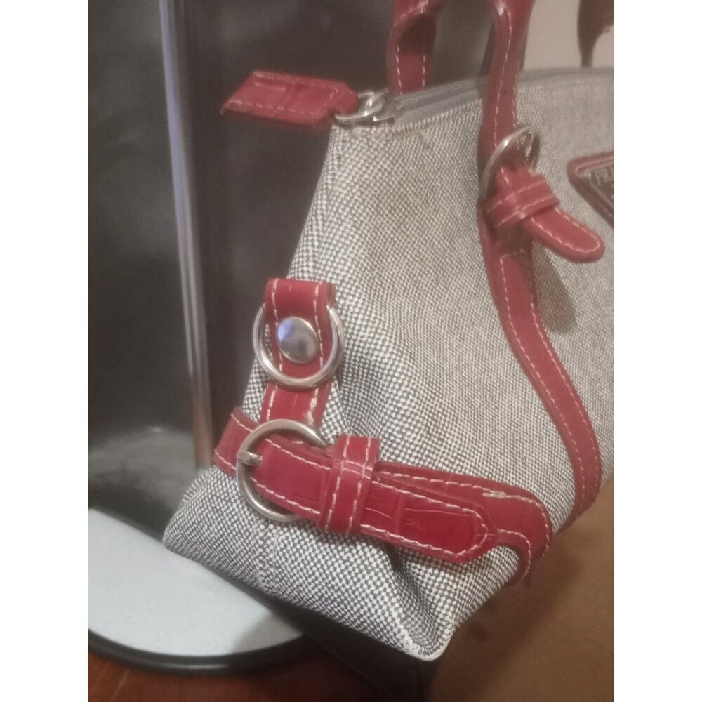 PRADA MILANO Gray Red Leather-Canvas Shoulder Bag Purse - Picture 6 of 13